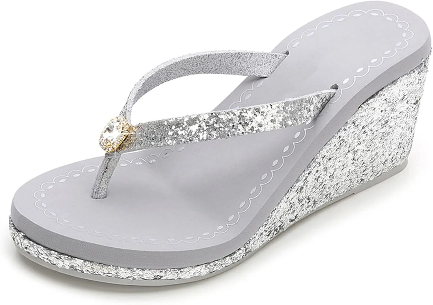 Womens Summer Wedge Platform Flip Flop Open Toe High Heel Flipflops Non-Slip Rhinestones Glitter Gem Sparkling Beach Sandals (Silver B,7.5)
